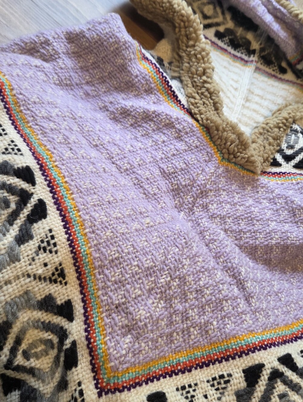 Alpaca & Sheep Triple Point Hooded Poncho Purple & Cream - Madr In Canada